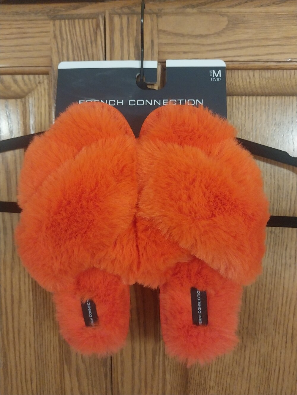 French Connection NWT Fuzzy Fluffy Crossband Slipper Slides Orange Medium 7/8